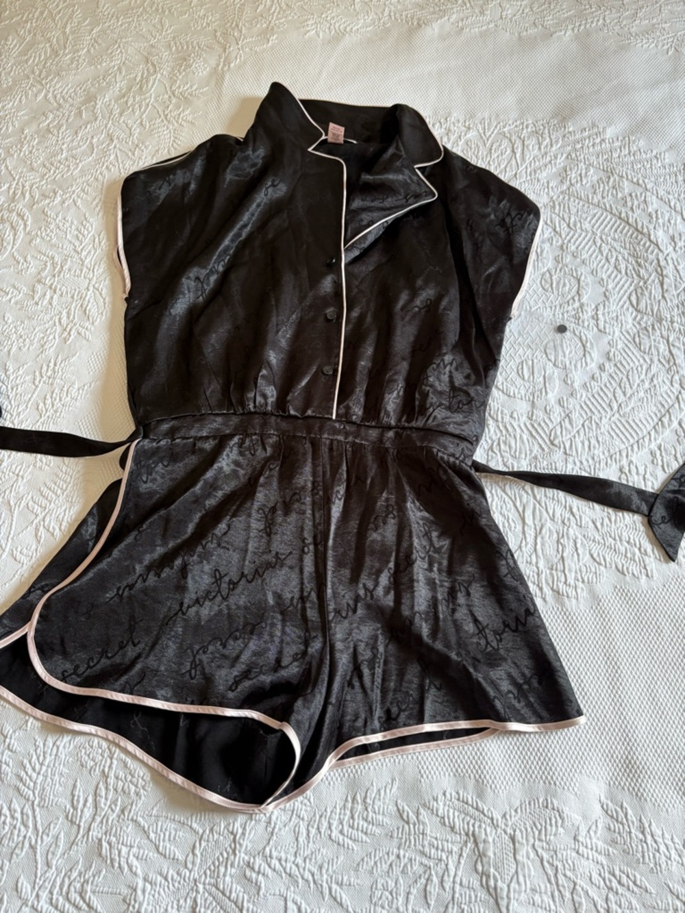 Victoria’s Secret black satin logo shorts romper tie belt pajama size M